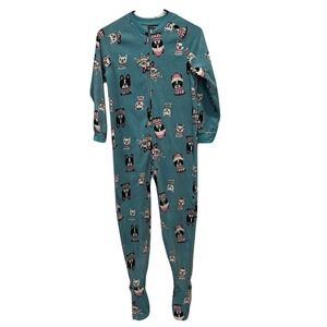 Joe Boxer Kids Teal French Bulldog Fleece Footed Pajamas Size M 7/8 Zip Front